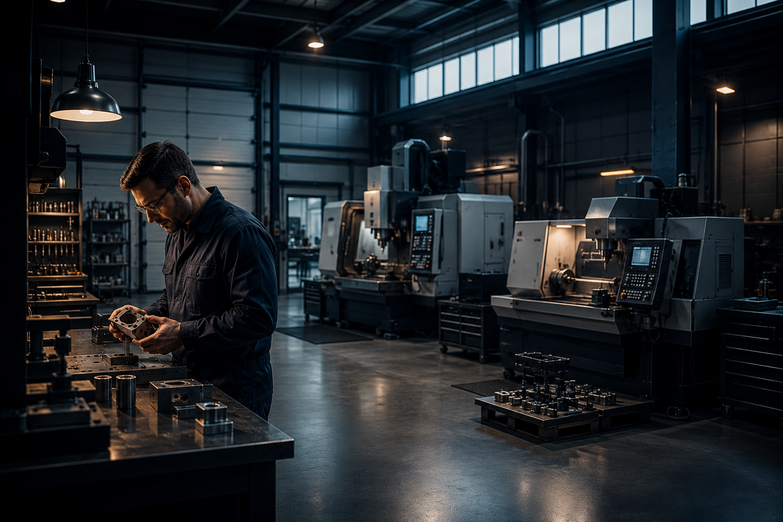 Engineer working in a modern machine shop